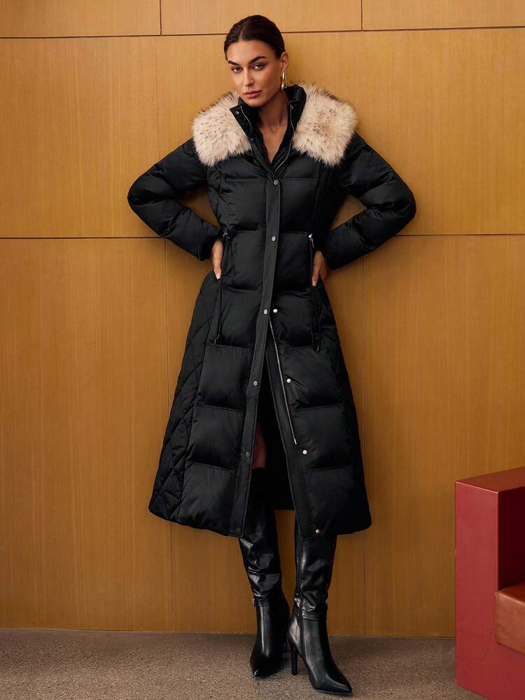 FUZZY TRIM SLANT POCKET ZIP PLACKET LONGLINE WINTER COAT