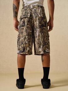 ROMWE MEN Street Life Men's Animal Print Cargo Denim Shorts - Brown - View 4