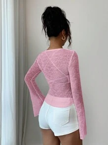 INAWLY Women's Solid Color Sheer Long Sleeve Casual Holiday Sweater Knit Pullover Fall Winter Sweater - Baby Pink - View 2