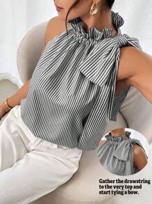 SHEIN Clasi 女式春夏条纹荷叶边领蝴蝶结无袖衬衫