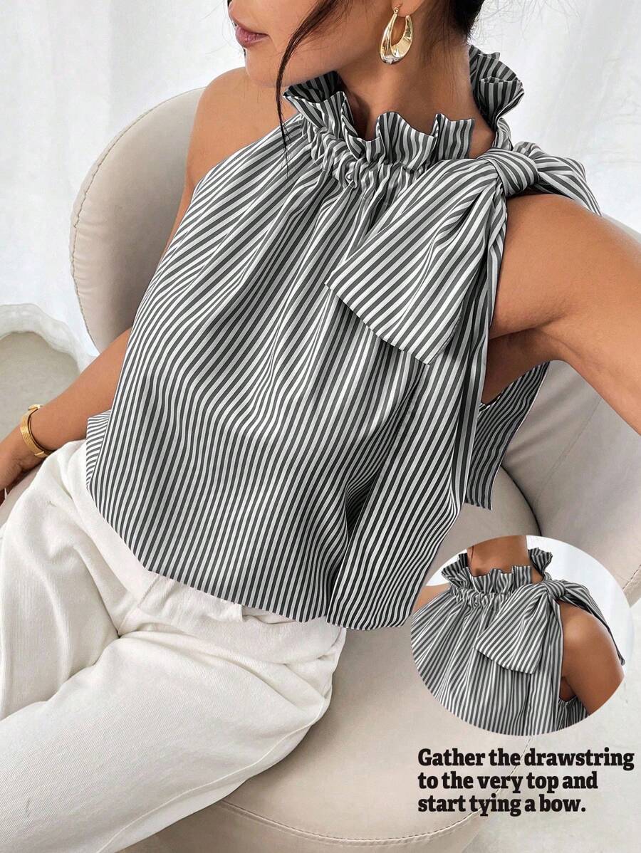 SHEIN Clasi 女式春夏条纹荷叶边领蝴蝶结无袖衬衫