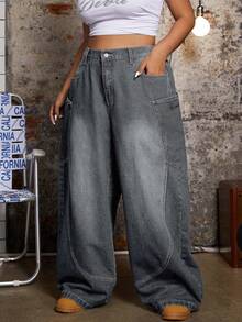 EURMUSE 大码宽松休闲时尚百搭阔腿纽扣牛仔裤 - 灰色 - 查看 6