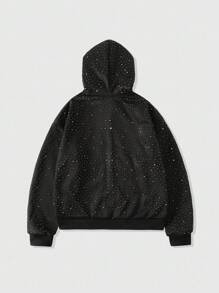 ROMWE MEN Street Life Sudadera con diamantes brillantes para hombre, estilo holgado y corto - Negro - Ver 3