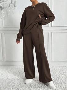 SHEIN Tall 2件組女款極簡街頭風運動套裝，咖啡棕色，秋季休閒居家服，寬鬆圓領衛衣與寬腿運動長褲套裝，適合高個女性 - 咖啡棕 - 查看 5