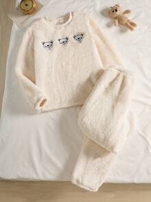 2 件套女童加大米色长袖上衣和裤子睡衣套装，毛绒面料，绣有 3 只小熊图案，冬季家居服 - 白色 - 查看 1