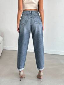 EURMUSE Casual Fashion Versatile Button Minimalist Cuffed Hem Women Jeans - Light Wash - View 2