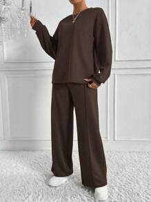 SHEIN Tall 2件組女款極簡街頭風運動套裝，咖啡棕色，秋季休閒居家服，寬鬆圓領衛衣與寬腿運動長褲套裝，適合高個女性 - 咖啡棕 - 查看 3