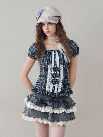 ROMWE Avant Blouse femme à col boutonné à carreaux vintage, style rétro à carreaux, fine bretelle avec dentelle