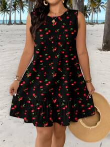 Veykashi 大码女式樱桃印花系腰无袖休闲 A 字裙，适合假日、海滩度假、迷你裙 - 彩色 - 查看 8
