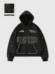 ROMWE MEN Street Life Men's Sparkling Rhinestone Diamond Letter Print Hoodie Sweatshirt, Loose Fit - Black - View 1