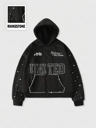 Street Life sweat-shirt à capuche avec imprimé lettre diamant scintillant pour hommes, coupe ample