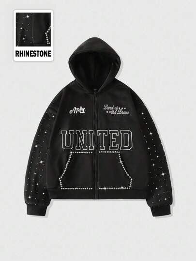 Street Life Felpa con cappuccio da uomo con stampa di lettere scintillanti e diamanti, vestibilità morbida