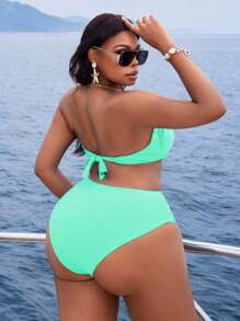 Slaydiva Plus Size Women 2pcs/Set Solid Color Casual Camisole Split Tankini Swimwear For Summer Beach Vacation - Mint Green - View 2