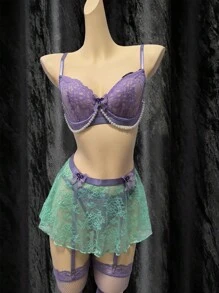 SHEIN 1 套女士性感内衣：淡紫色珍珠装饰上衣 + 丁字裤 + 薄荷绿迷你裙 + 2 双淡紫色长袜，外出 - 彩色 - 查看 6