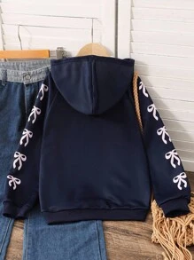 SHEIN Tween Girls Casual Sports Jacket, Number & Bow Graphic, Hooded Zip-Up Sweatshirt Sweatshirt Girls Zip Up Hoodie Kids Zip Up Hoodies Fall Winter - Navy Blue - View 2