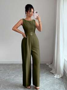 Selianne 法式浪漫一字肩无袖高腰腰带光滑面料金属扣装饰阔腿直筒女连体裤女夏装女办公室服装外出服装 - 軍綠色 - 查看 5