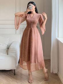 DAZY Solid Color V-Neck Ruffle Sleeve Women's Mid-Length Dress Luxury Prom Dress Sequin Sparkly Dress - Pink - View 5