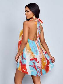 SOLERSUN Tuta elegante da donna per primavera ed estate, con stampa tropicale da vacanza, collo alla halter, senza schienale, senza maniche, adatta per l'ufficio - Blu - Visualizzare 2