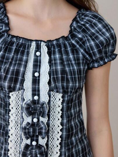 ROMWE Avant Blusa de mujer con cuello de botones a cuadros, estilo retro de cuadros y tirantes delgados con encaje, de vuelta al colegio