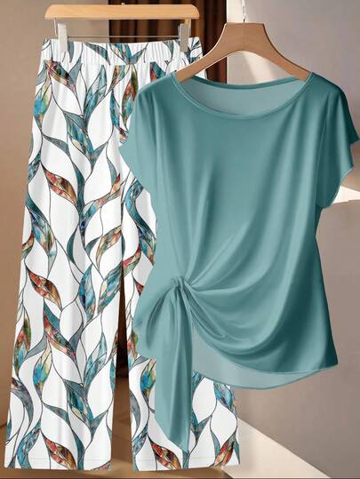 SHEIN Clasi Summer Outfits 2pcs Women Casual Minimalist Green Bowknot Shirt & Loose Straight Geometric Print Pants Set, Suitable For Early Autumnsummer Outfits, Spring Outfit, Beach Outfit, Festival Outfits, Vacation Outfits, Office Outfits, Country Outfit