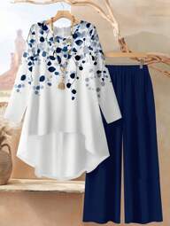 Rusticease Conjunto de dos piezas de manga larga multicolor para mujer con blusa estampada y pantalones anchos de pierna ancha, conjunto de pantalones de talla grande, conjunto de blusa y pantalones, conjunto de 2 piezas para mujer de talla grande, ropa modesta de 2 piezas para mujer en otoño