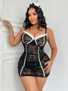 SHEIN 2件大码女式蕾丝荷叶边吊带内衣套装