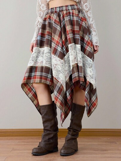 ROMWE Avant Jupe parapluie asymétrique en coton à carreaux et dentelle, style forestier