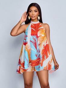 SOLERSUN Tuta elegante da donna per primavera ed estate, con stampa tropicale da vacanza, collo alla halter, senza schienale, senza maniche, adatta per l'ufficio - Blu - Visualizzare 7