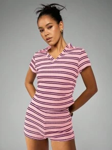 MISSGUIDED 夏季纹理罗纹两件套套装 配套短袖 V 领短款上衣 高腰短裤 节日海滩度假休闲套装 - 粉色 - 查看 6