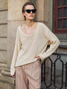 Lumivelle Ropa casual de negocios para mujer en otoño, suéter holgado de cuello en V, suéter de punto de otoño temprano, otoño e invierno - Caqui - Ver 6