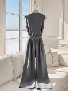 Franclia 秋季时尚气质通勤修身腰部撞色拼接无袖背心灰色长款阔腿裤女式春秋连体裤复古商务休闲女装 - 灰色 - 查看 2