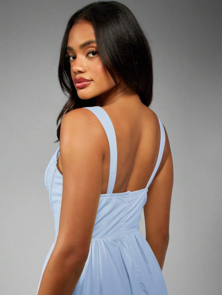 MISSGUIDED Summer Cotton Poplin Corset Midaxi Dress With Side Slit Empire Waist Sweetheart Neckline Spaghetti Straps Pleated Skirt Wedding Guest Garden Party Vacation