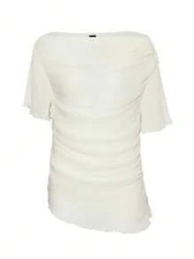 DAZY 夏季修身雪纺露肩短袖衬衫，优雅百搭，适合办公室、派对、婚礼等场合，荷叶边下摆，尽显女性魅力。 - 米色 - 查看 15