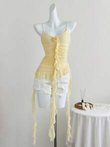 SHEIN Unity Women's Fresh Frilly 3D Floral Ruffle Strap Camisole For Summer - Yellow - View 3