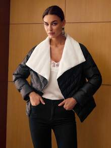 MOTF PREMIUM 对比色瀑布领双排扣门襟系腰带冬季大衣 - 黑色 - 查看 6