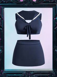 SHEIN 2pcs Halloween Plus Size Sexy Bodycon Skirt & Lingerie Set - Navy Blue - View 7