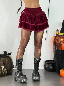 SHEIN Unity Halloween Women's Casual Fashion Burgundy Velvet Ruffle Patchwork Double-Layer Asymmetric Hem Mini Skirt, Autumn - Burgundy - View 6