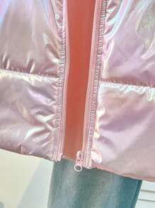 Tween Girl Holographic Zip-Up Puffer Vest Jacket,Pink Autumn Cute School Style,Lightweight Warm Down Material Color-Blocked Dazzling Outerwear - Baby Pink - View 6
