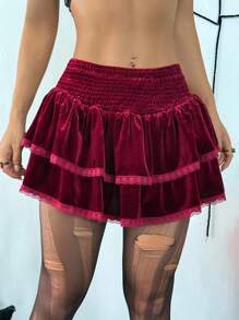 SHEIN Unity Halloween Women's Casual Fashion Burgundy Velvet Ruffle Patchwork Double-Layer Asymmetric Hem Mini Skirt, Autumn - Burgundy - View 1