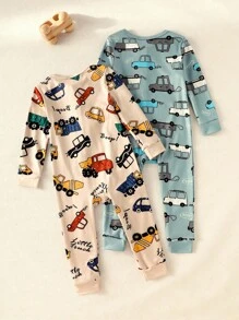 2 件套男婴卡通汽车印花长袖连体衣和裤子套装，适合春秋季的舒适休闲家居服 - 彩色 - 查看 2