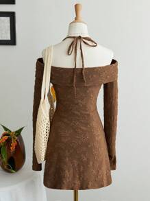 SHEIN Unity Women's Vintage Textured Knit Off Shoulder Long Sleeve A-Line Mini Dress Brown Dress Brown Floral Dress Vintage Dress Fall Cloth For Women - Coffee Brown - View 2