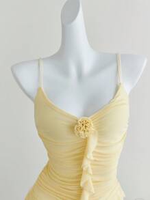 SHEIN Unity Women's Fresh Frilly 3D Floral Ruffle Strap Camisole For Summer - Yellow - View 5