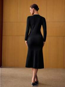 MOTF PREMIUM 对比色斜裁毛衣裙 - 黑色 - 查看 6