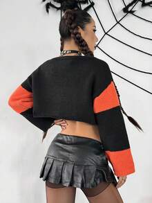 Flirla Halloween Pumpkin & Ghost Pattern Colorblock Women Sweater Fall Winter Cloth For Women - Multicolor - View 2