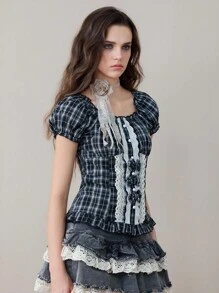 ROMWE Avant Back To School Vintage Plaid Collar Button Plaid Retro Gingham Thin Strap Lace Trim Women Blouse