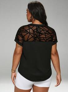 Rhythm Era Camiseta deportiva de manga corta con parches de tela flocada y malla para tallas grandes - Negro - Ver 4