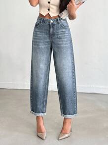 EURMUSE Casual Fashion Versatile Button Minimalist Cuffed Hem Women Jeans - Light Wash - View 4