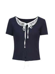 DAZY Áo khoác cardigan ren hở vai 2 trong 1 màu tương phản mùa hè dành cho nữ, cổ khoét sâu, buộc dây, buộc ren, áo crop top - Màu xanh hải quân - Xem 10
