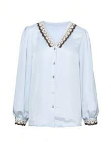Dazy-Less Blusa holgada de negocios casuales con cuello en V de satén y gasa, con recortes y cintas, de manga larga, adecuada para primavera, verano y otoño - Azul - Ver 6