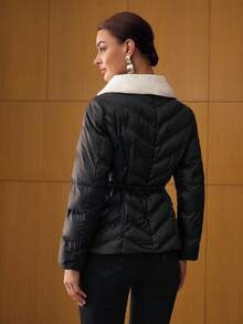 MOTF PREMIUM 对比色瀑布领双排扣门襟系腰带冬季大衣 - 黑色 - 查看 4